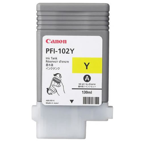 Canon PFI-102Y Yellow Ink Cartridge - 130ml - 0898B001AA - for Canon iPF500, iPF510, iPF600, iPF605, iPF610, IPF650, iPF655, iPF700, iPF710, iPF720, iPF750, iPF755, iPF760, iPF765, Printers
