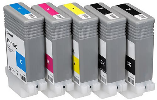Genuine set of OEM Canon PFI-107 Printer Ink Cartridges - Full Set of 5 x 130ml Ink Tanks - for Canon iPF680, iPF685, iPF780, iPF785 printers available from stock for immediate dispatch from GDS Graphic Design Supplies Ltd