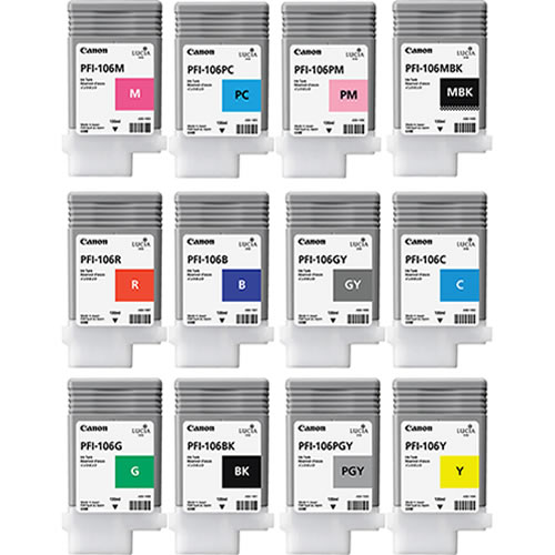 Canon PFI-106 Ink Cartridges - Set of 12 x 130ml ink tanks - for Canon iPF6300, iPF6350, iPF6400, iPF6450 - express delivery from GDS Graphic Design Supplies Ltd