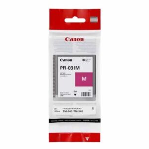 Image of a Canon PFI-031 magenta printer ink in its plastic packaging
