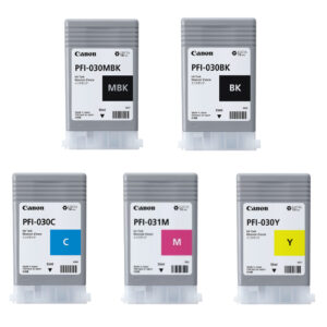 A picture of a set of five Canon PFI-030 and PFI-031 inks
